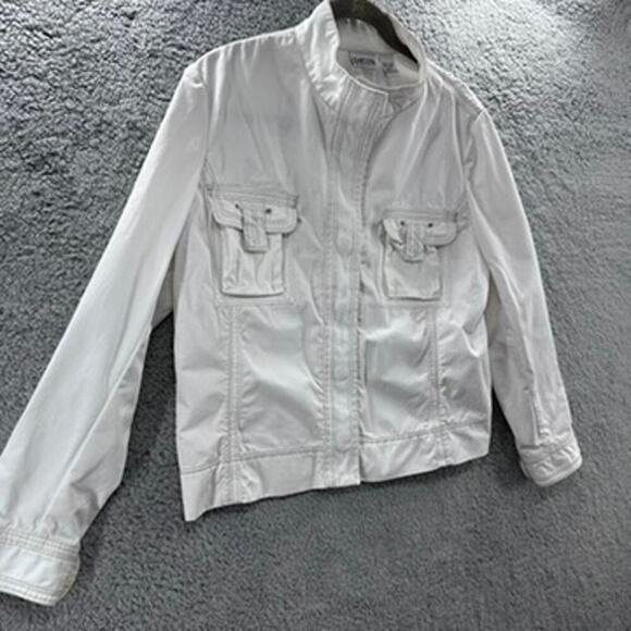 Chico's Lightweight Jacket Size 2‎ Long Sleeves Snaps White with Tan Stitching - Picture 3 of 10